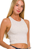 Women's Washed Ribbed Seamless High Neck Nylon Cropped Racer Back Tank Top