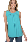Plus Size Slim Fit Round Neck Sleeveless Front Neck Pleated Blouse Tops w/Keyhole Back
