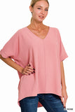 Zenana Women's V Neck Woven Airflow Dolman Short Sleeve Hi-Low Blouse Top