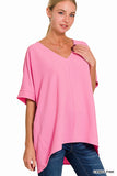 Zenana Women's V Neck Woven Airflow Dolman Short Sleeve Hi-Low Blouse Top