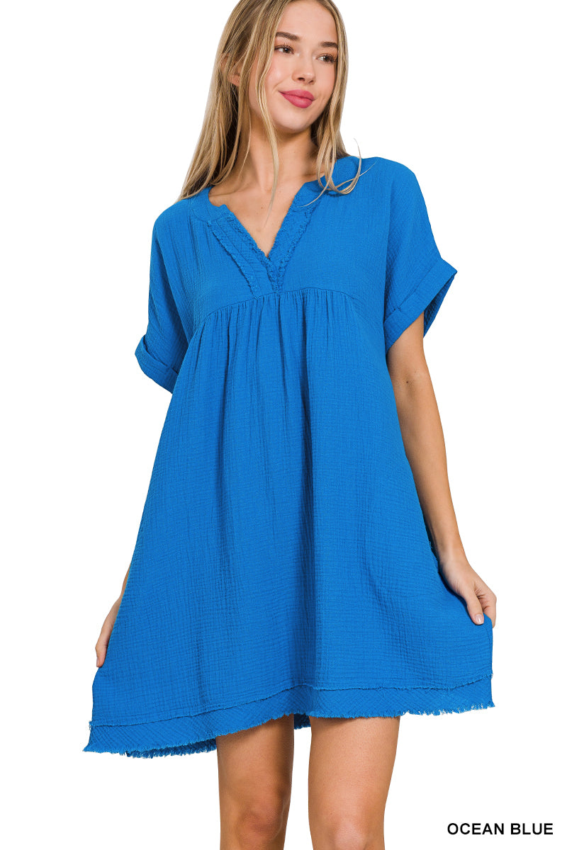 Zenana Plus Size Relaxed Fit Gauge Rolled Short Sleeve Raw Edge Mini V-Neck T-Shirt Dress