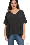 Zenana Plus Size V Neck Woven Airflow Dolman Short Sleeve Hi-Low Blouse Top