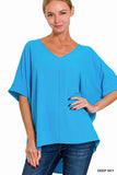 Zenana Women's V Neck Woven Airflow Dolman Short Sleeve Hi-Low Blouse Top