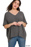 Zenana Plus Size V Neck Woven Airflow Dolman Short Sleeve Hi-Low Blouse Top