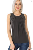 Plus Size Slim Fit Round Neck Sleeveless Front Neck Pleated Blouse Tops w/Keyhole Back