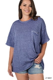 Zenana Plus Size Relaxed Fit Oversized Short Sleeve Round Neck Melange Burnout Raw Edge Tee Shirts