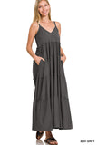 Zenana Women & Plus Relaxed Fit V-Neck Cami Full Length Tiered Boho Maxi Long Dress w/ Side Pockets