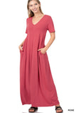 Zenana Plus Size Relaxed Fit V-Neck Short Sleeve Full Length Maxi Long Dress w/ Side Pockets