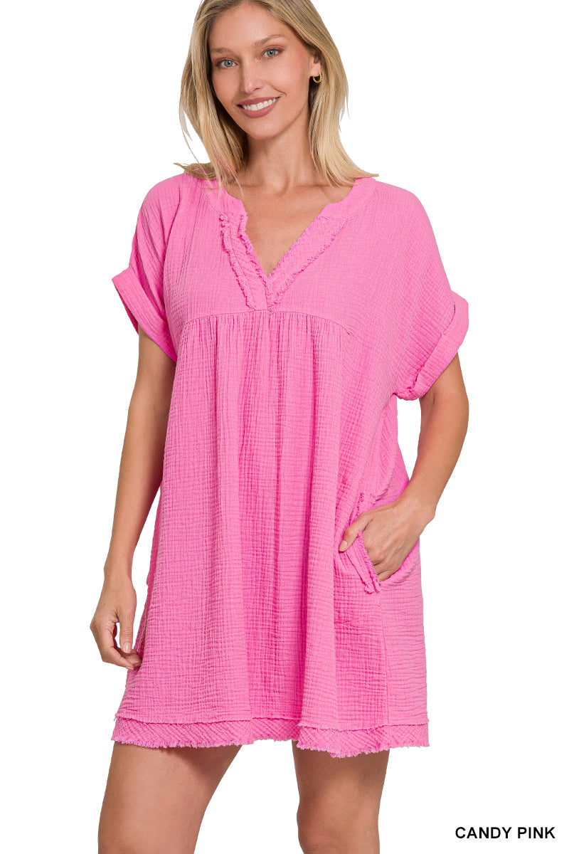 Zenana Women's Relaxed Fit Gauge Rolled Short Sleeve Raw Edge Mini V-N TheLovely.com Zenana Women's Relaxed Fit Gauge Rolled Short Sleeve Raw Edge Mini V-N TheLovely.com