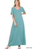 Zenana Plus Size Relaxed Fit V-Neck Short Sleeve Full Length Maxi Long Dress w/ Side Pockets