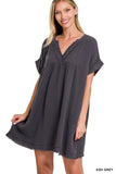 Plus Size Relaxed Fit Gauge Rolled Short Sleeve Raw Edge Mini V-Neck T-Shirt Dress