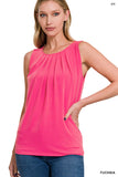 Plus Size Slim Fit Round Neck Sleeveless Front Neck Pleated Blouse Tops w/Keyhole Back