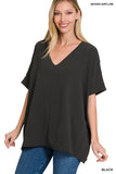 Zenana Women's V Neck Woven Airflow Dolman Short Sleeve Hi-Low Blouse Top