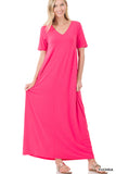 Zenana Plus Size Relaxed Fit V-Neck Short Sleeve Full Length Maxi Long Dress w/ Side Pockets