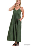 Zenana Women & Plus Relaxed Fit V-Neck Cami Full Length Tiered Boho Maxi Long Dress w/ Side Pockets