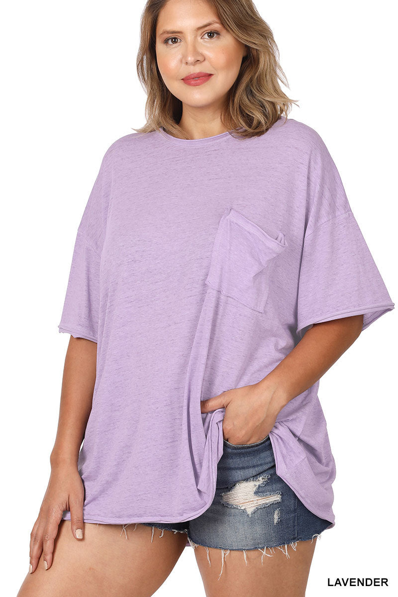 Zenana Plus Size Relaxed Fit Oversized Short Sleeve Round Neck Melange Burnout Raw Edge Tee Shirts