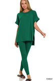 Zenana Plus Size Brushed DTY Microfier Round Neck Short Sleeve Hi-Low Hem & Full Length Leggings Loungewear Set