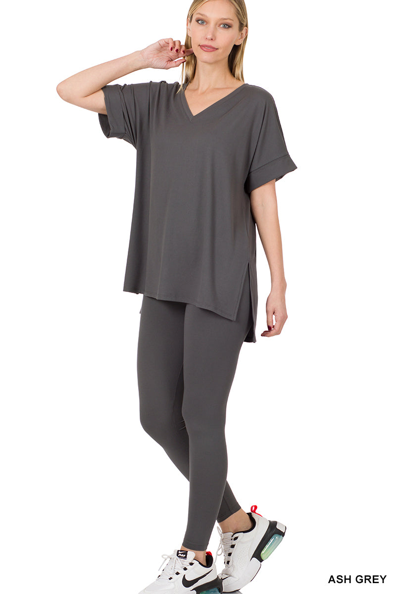 Casual Round Neck Short Sleeve Dark Grey Womens Tee & Leggings Set (Women's)