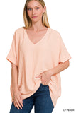 Zenana Women's V Neck Woven Airflow Dolman Short Sleeve Hi-Low Blouse Top