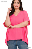 Zenana Plus Size V Neck Woven Airflow Dolman Short Sleeve Hi-Low Blouse Top
