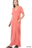 Zenana Plus Size Relaxed Fit V-Neck Short Sleeve Full Length Maxi Long Dress w/ Side Pockets