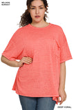 Zenana Plus Size Relaxed Fit Oversized Short Sleeve Round Neck Melange Burnout Raw Edge Tee Shirts