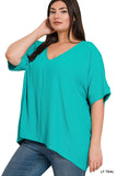 Zenana Plus Size V Neck Woven Airflow Dolman Short Sleeve Hi-Low Blouse Top