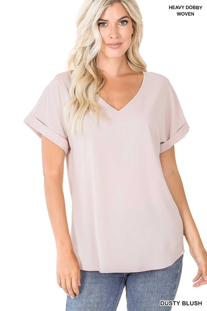 Plus Size Heavy Dobby V-Neck Rolled Short Sleeve Blouse Top
