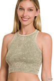 Women's Washed Ribbed Seamless High Neck Nylon Cropped Racer Back Tank Top