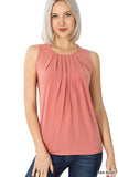 Plus Size Slim Fit Round Neck Sleeveless Front Neck Pleated Blouse Tops w/Keyhole Back