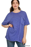 Zenana Plus Size Relaxed Fit Oversized Short Sleeve Round Neck Melange Burnout Raw Edge Tee Shirts