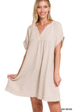 Plus Size Relaxed Fit Gauge Rolled Short Sleeve Raw Edge Mini V-Neck T-Shirt Dress