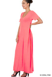 Zenana Plus Size Relaxed Fit V-Neck Short Sleeve Full Length Maxi Long Dress w/ Side Pockets