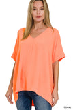 Zenana Women's V Neck Woven Airflow Dolman Short Sleeve Hi-Low Blouse Top