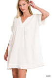 Plus Size Relaxed Fit Gauge Rolled Short Sleeve Raw Edge Mini V-Neck T-Shirt Dress