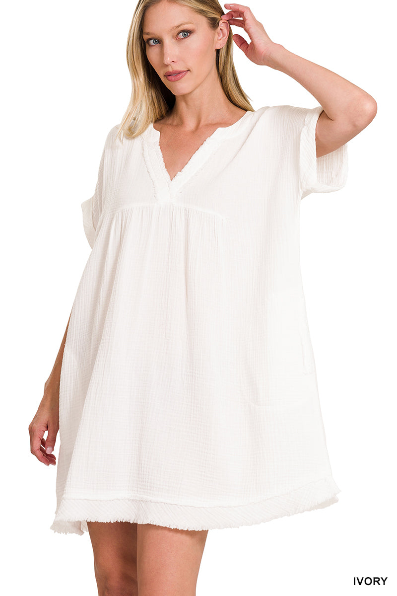 Women's Relaxed Fit Gauge Rolled Short Sleeve Raw Edge Mini V-Neck T-Shirt Dress