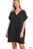 Women's Relaxed Fit Gauge Rolled Short Sleeve Raw Edge Mini V-Neck T-Shirt Dress