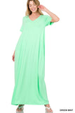 Zenana Plus Size Relaxed Fit V-Neck Short Sleeve Full Length Maxi Long Dress w/ Side Pockets