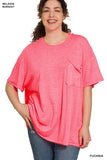 Zenana Plus Size Relaxed Fit Oversized Short Sleeve Round Neck Melange Burnout Raw Edge Tee Shirts