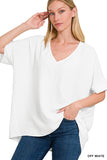 Zenana Women's V Neck Woven Airflow Dolman Short Sleeve Hi-Low Blouse Top
