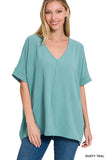 Zenana Plus Size V Neck Woven Airflow Dolman Short Sleeve Hi-Low Blouse Top
