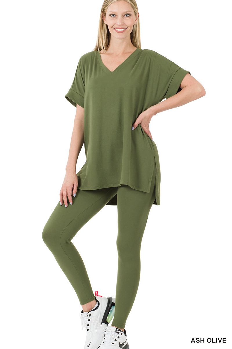 Zenana Plus V-Neck Short Sleeve & Leggings Comfy Loungewear Activewear –