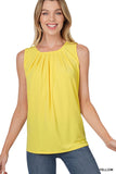 Plus Size Slim Fit Round Neck Sleeveless Front Neck Pleated Blouse Tops w/Keyhole Back