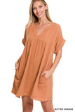 Plus Size Relaxed Fit Gauge Rolled Short Sleeve Raw Edge Mini V-Neck T-Shirt Dress