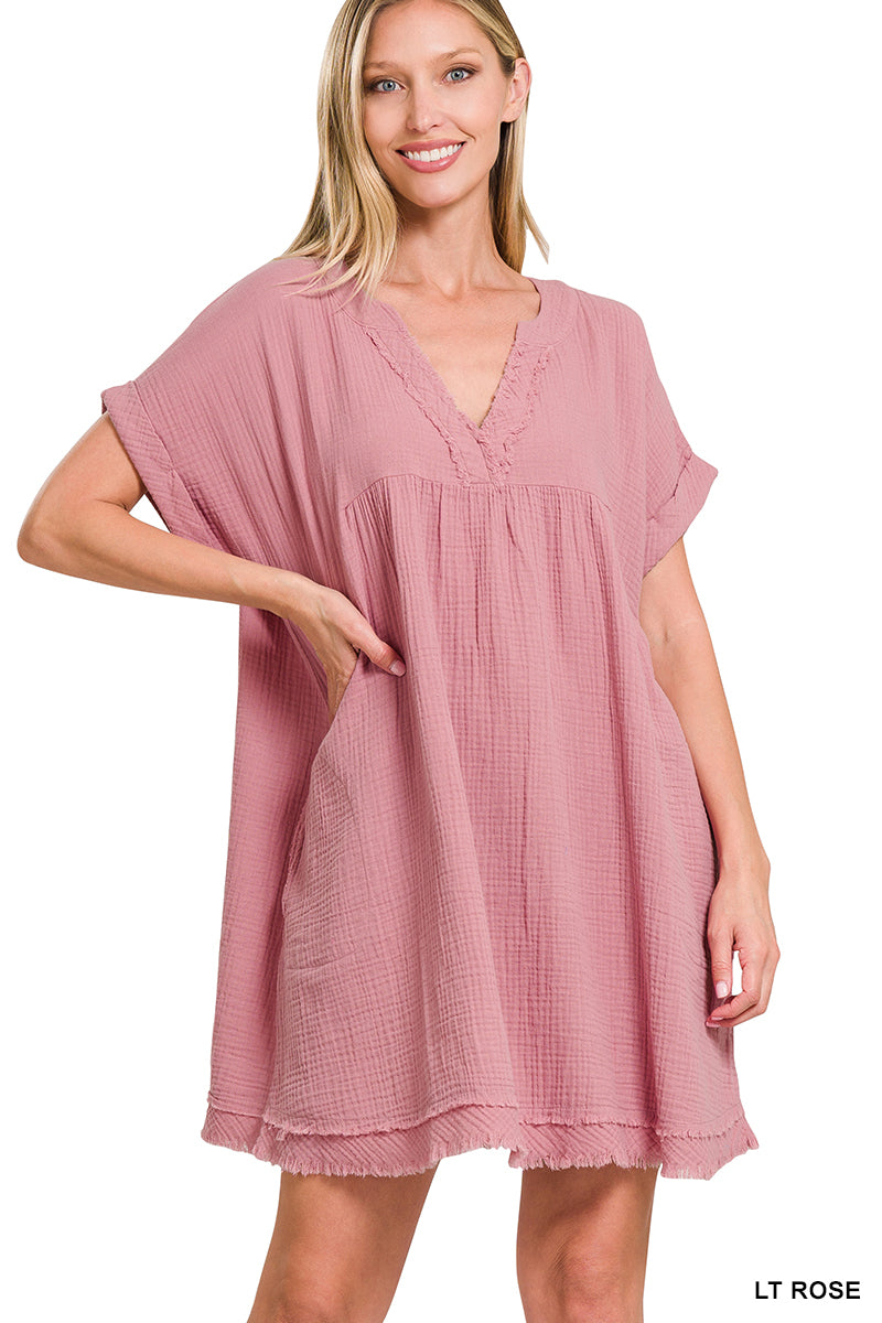 Zenana Women's Relaxed Fit Gauge Rolled Short Sleeve Raw Edge Mini V-N TheLovely.com Zenana Women's Relaxed Fit Gauge Rolled Short Sleeve Raw Edge Mini V-N TheLovely.com