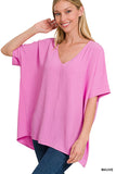 Zenana Plus Size V Neck Woven Airflow Dolman Short Sleeve Hi-Low Blouse Top