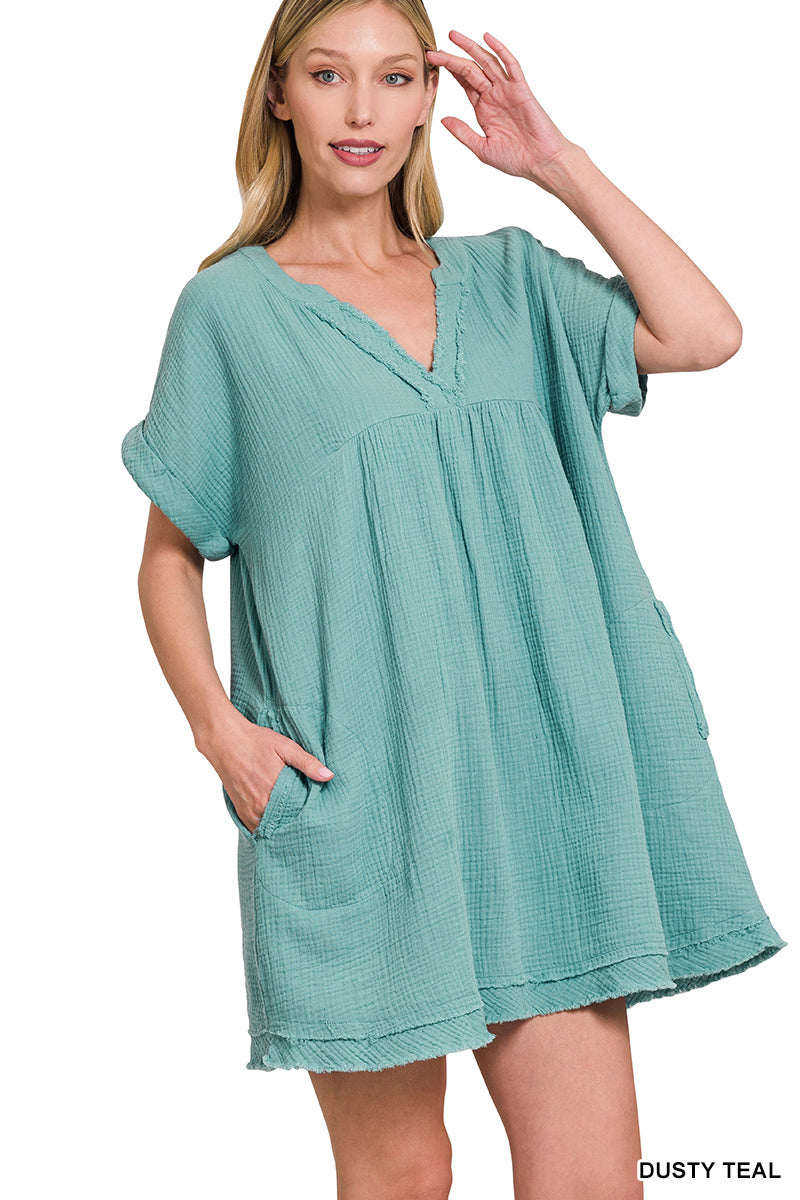 Zenana Women's Relaxed Fit Gauge Rolled Short Sleeve Raw Edge Mini V-Neck T-Shirt Dress