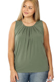 Plus Size Slim Fit Round Neck Sleeveless Front Neck Pleated Blouse Tops w/Keyhole Back