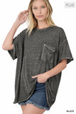 Zenana Plus Size Relaxed Fit Oversized Short Sleeve Round Neck Melange Burnout Raw Edge Tee Shirts