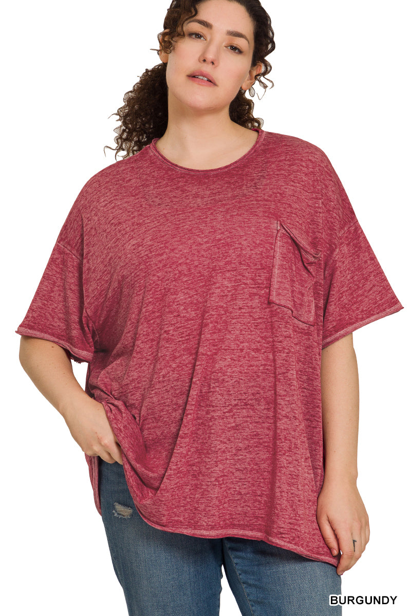 Zenana Plus Size Relaxed Fit Oversized Short Sleeve Round Neck Melange Burnout Raw Edge Tee Shirts